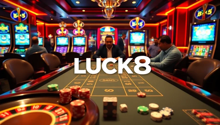 LUCK8 logo on a luxury casino table with poker chips and roulette wheel.
