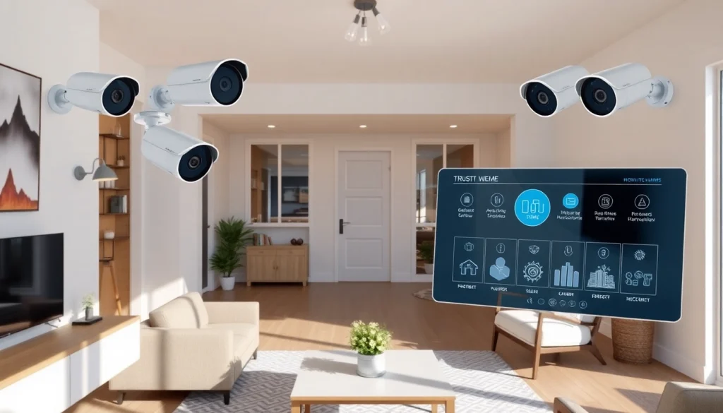 Configuración de tecnología de seguridad moderna con alarmas de seguridad en un hogar elegante.