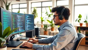 Engaging in remote python jobs, a programmer types thoughtfully in a modern workspace.