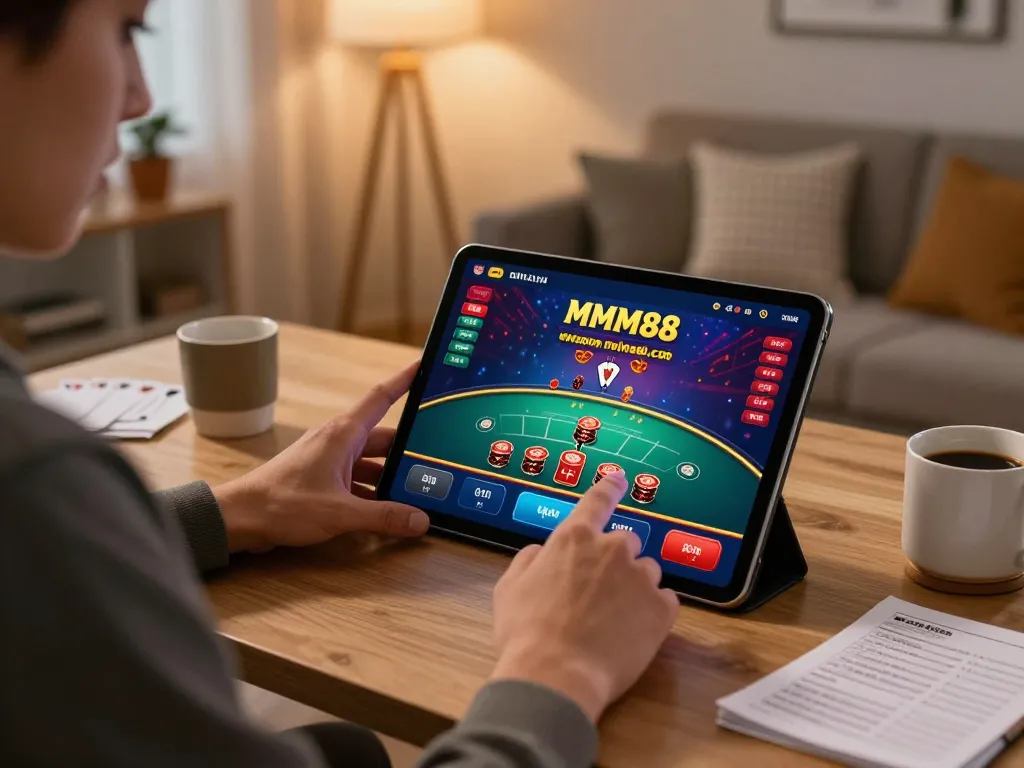 Engaging with live dealer blackjack game on tablet at https://www.mnm88.com/ while enjoying comfortable home environment