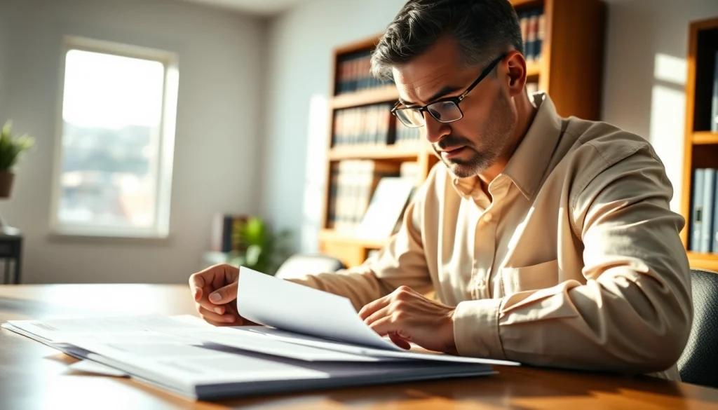 Illustration of a consultant working on federal and state contracts pre-post award compliance with documents in hand.