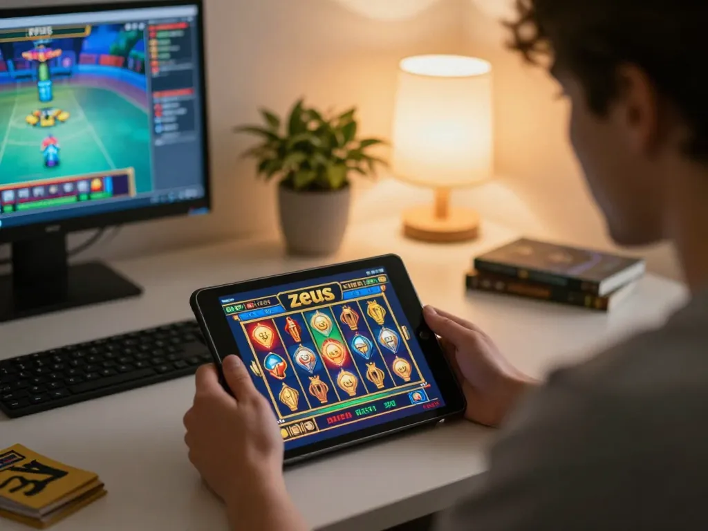 Pemain fokus pada permainan slot zeus di tablet dalam suasana bermain di rumah yang nyaman