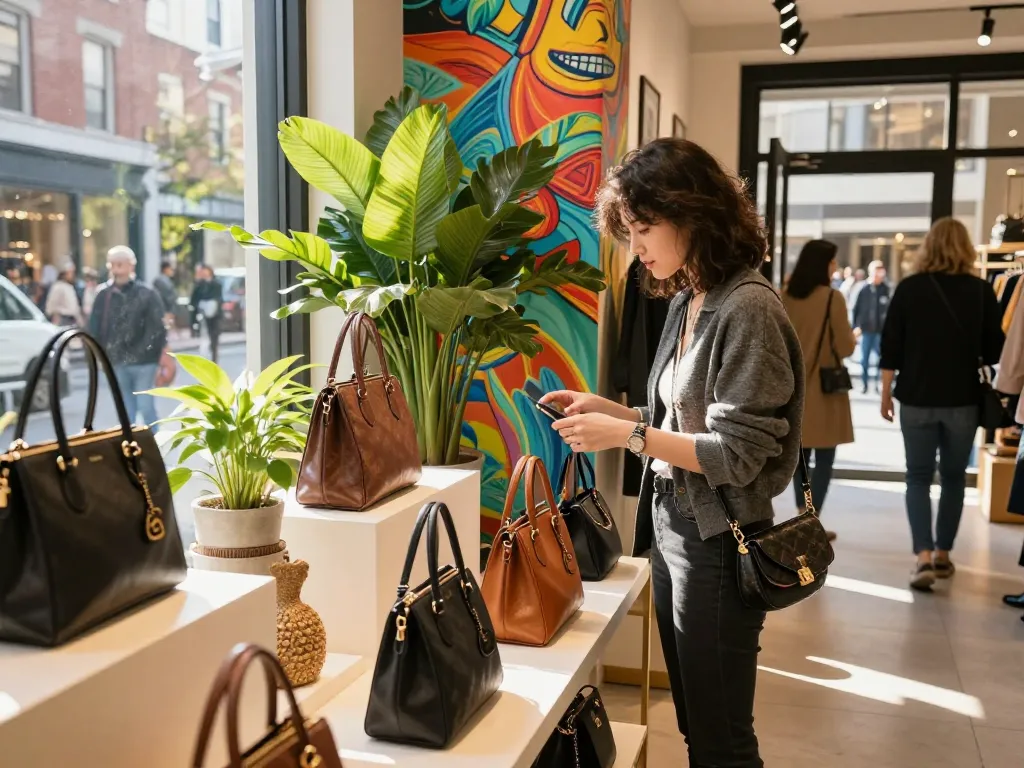 Explore high-quality replica handbags at 레플리카 쇼핑몰 in a vibrant urban setting.