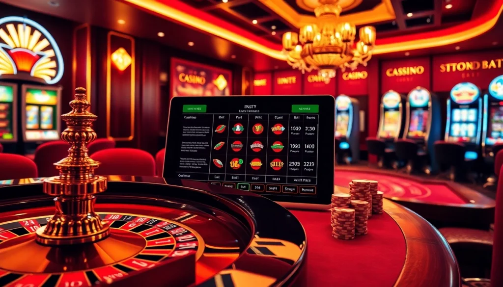 Scène engageante de casino en ligne virtuel présentant une roue de roulette et des machines à sous vibrantes.