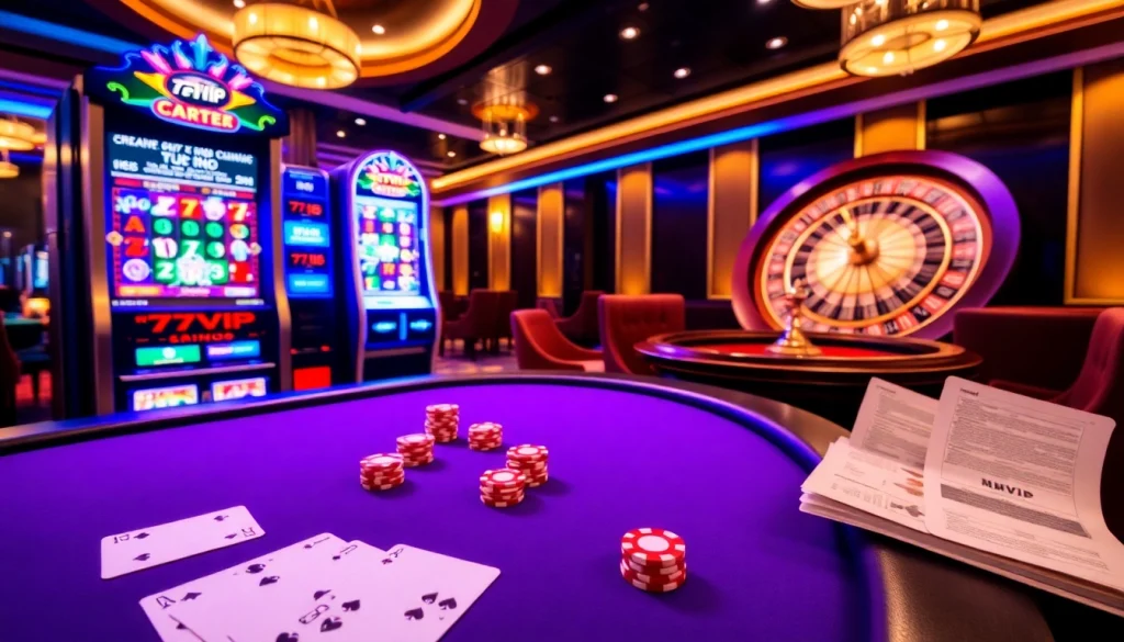 Players engaging with the exciting 777VIP interface at a casino table filled with chips and cards.