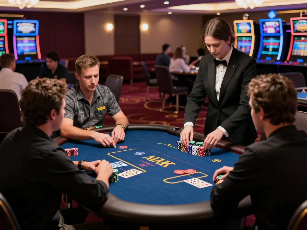 N188 poker game in an upscale casino with engaged players and professional dealer