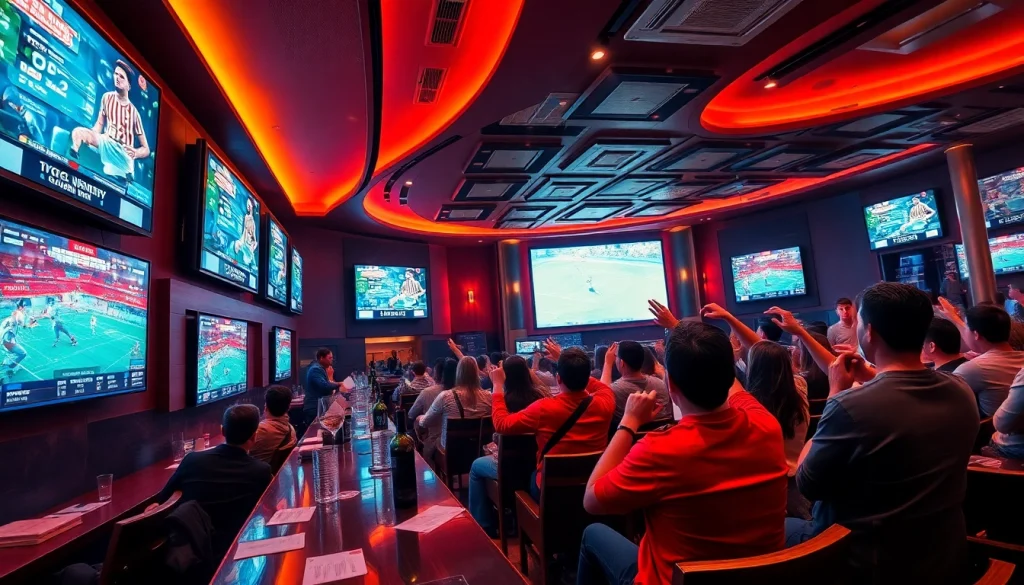 Exciting sports lounge atmosphere highlighting 토토스토리 with fans celebrating sports betting.