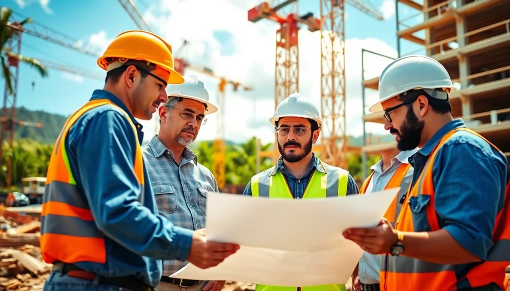 Hawaii construction association members discussing plans at a bustling construction site.