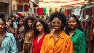 Dynamic street scene showcasing fashion and apparel with diverse models and colorful styles.