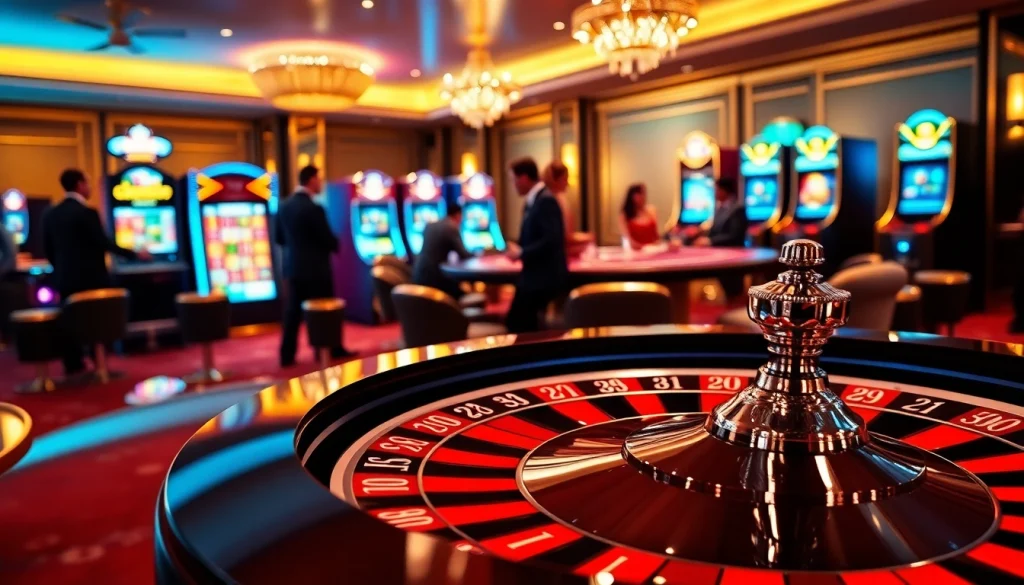 Une expérience passionnante de casino en ligne mettant en vedette des tables de poker et des roues de roulette, illustrant l'excitation du jeu.