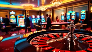 Une expérience passionnante de casino en ligne mettant en vedette des tables de poker et des roues de roulette, illustrant l'excitation du jeu.