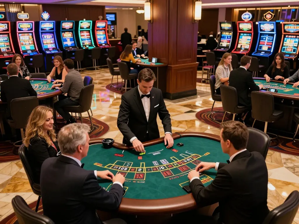 Engage with server thailand at lively blackjack table, showcasing players placing bets and vibrant casino atmosphere.