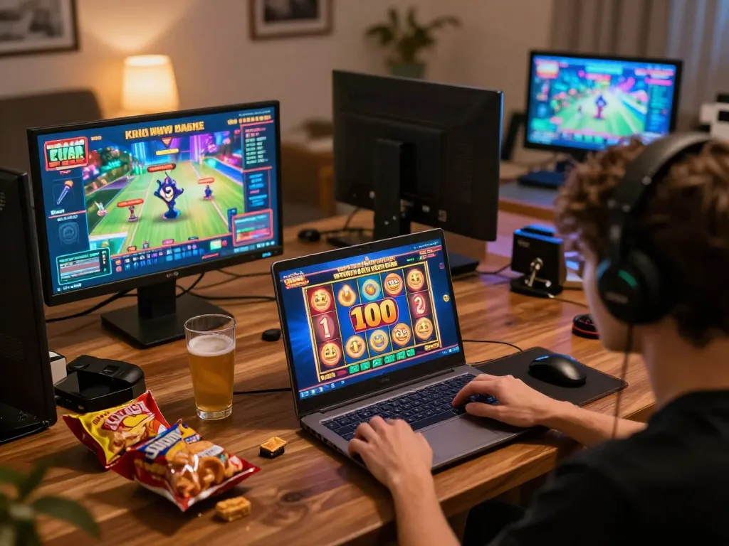 Engaging with slot bonus new member 100 on a laptop in a cozy gaming setup