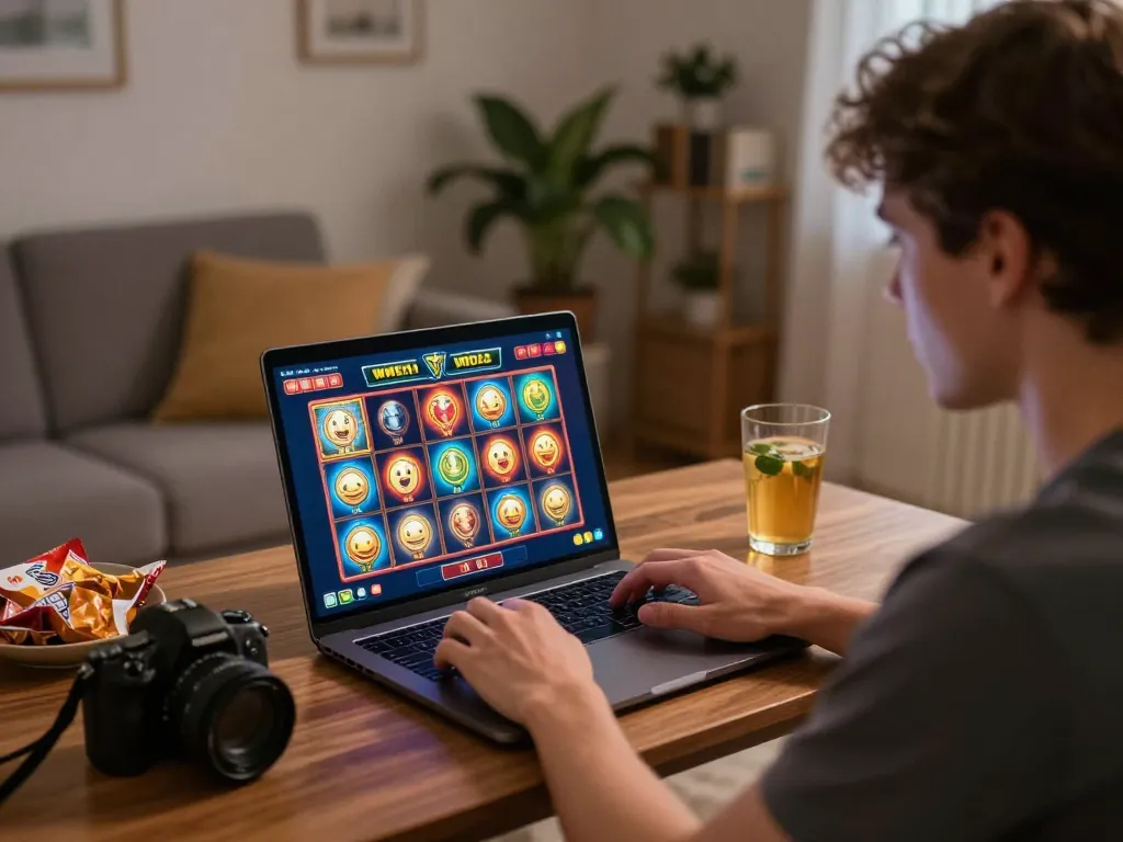 Engaging in a slot demo at home using a laptop to explore game features comfortably
