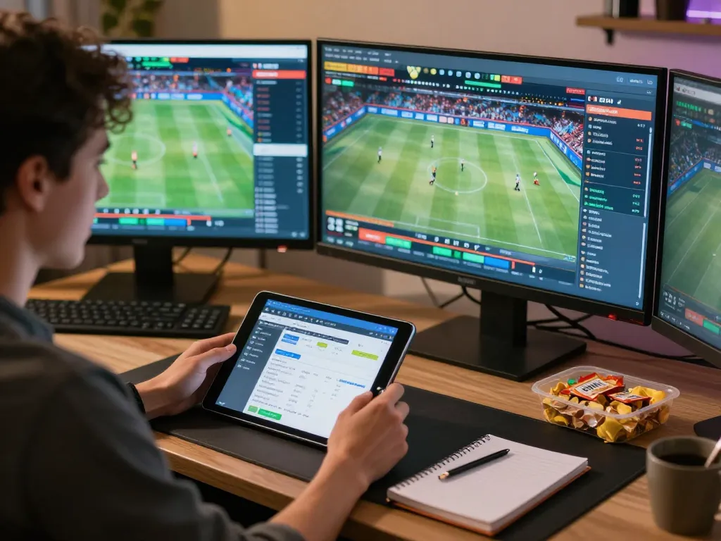 KQBD sports betting setup with live matches and odds displayed on multiple screens