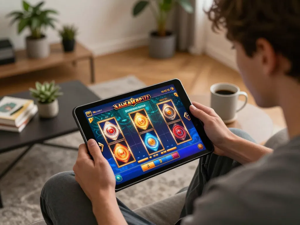 Player engaging with alexis77 online slot game on tablet in a cozy living room atmosphere.