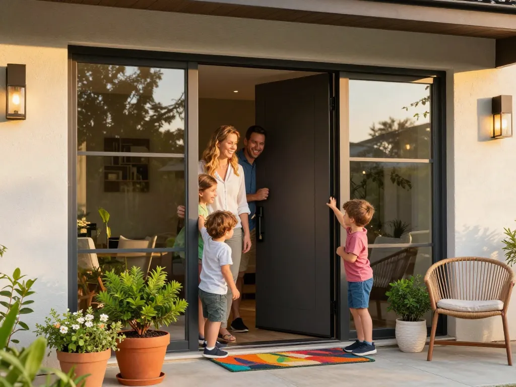 Moderne Haustür, die eine Familie mit Sonnenlicht und Pflanzen willkommen heißt.