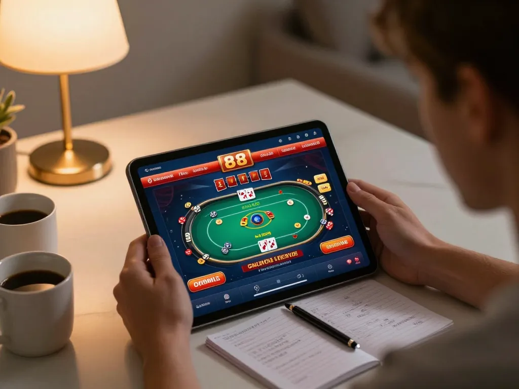 open88 online poker gaming session at home with tablet interface and strategy notes.