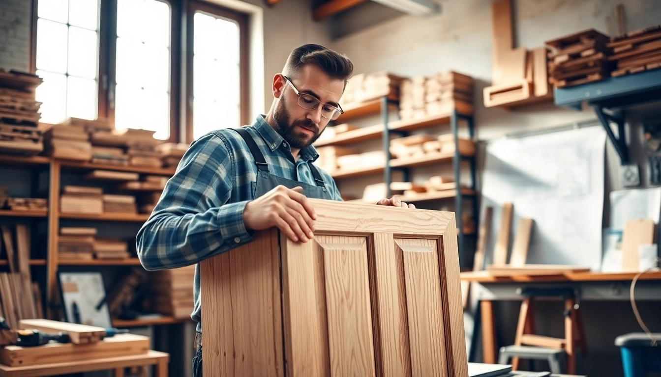 Craftsman working on a wooden cabinet; cabinet maker near me highlighting skill and quality.