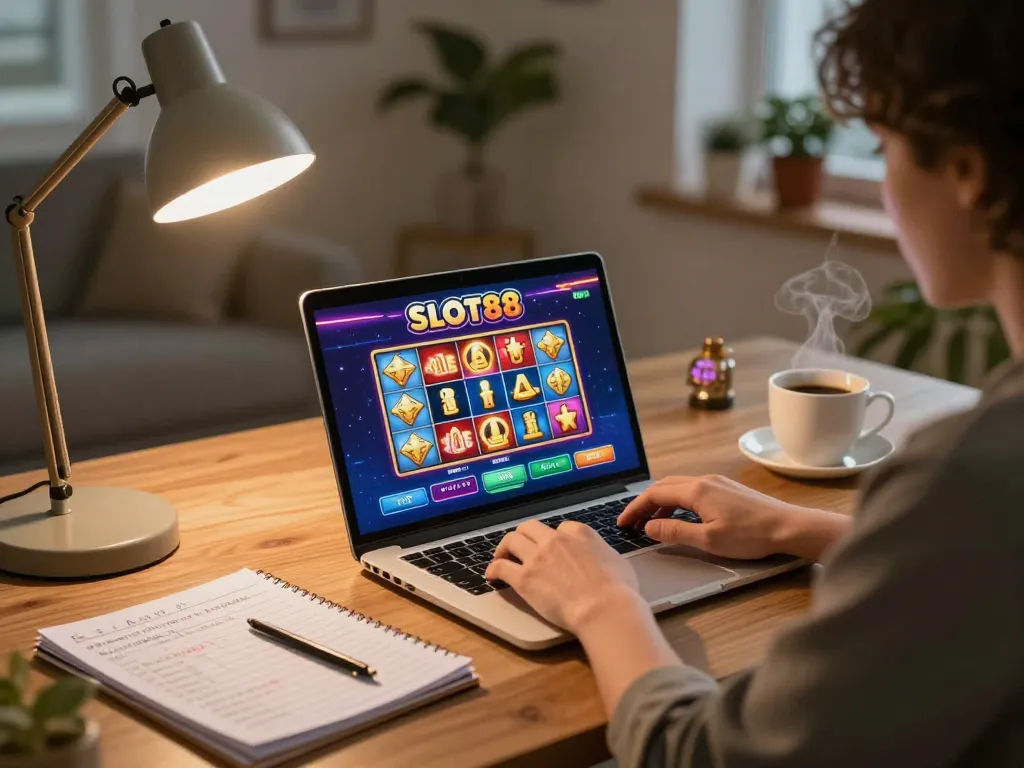 Engaging with slot88 gameplay at home, showcasing an inviting gaming atmosphere