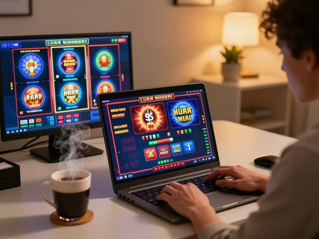 Engaging in online gameplay with slot server luar negeri games on a laptop.