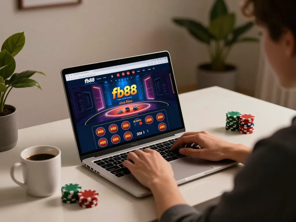 Engaging in online gaming with fb88 on a modern laptop amidst a stylish home atmosphere