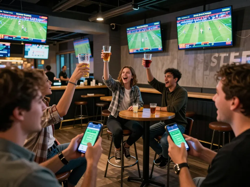 Engaged sports bettors analyzing gori77 betting odds on smartphones in a lively sports bar