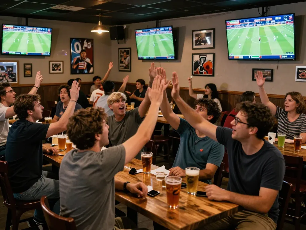 Cakhia tv fans enjoying live football with excitement and passion in a lively sports bar atmosphere.