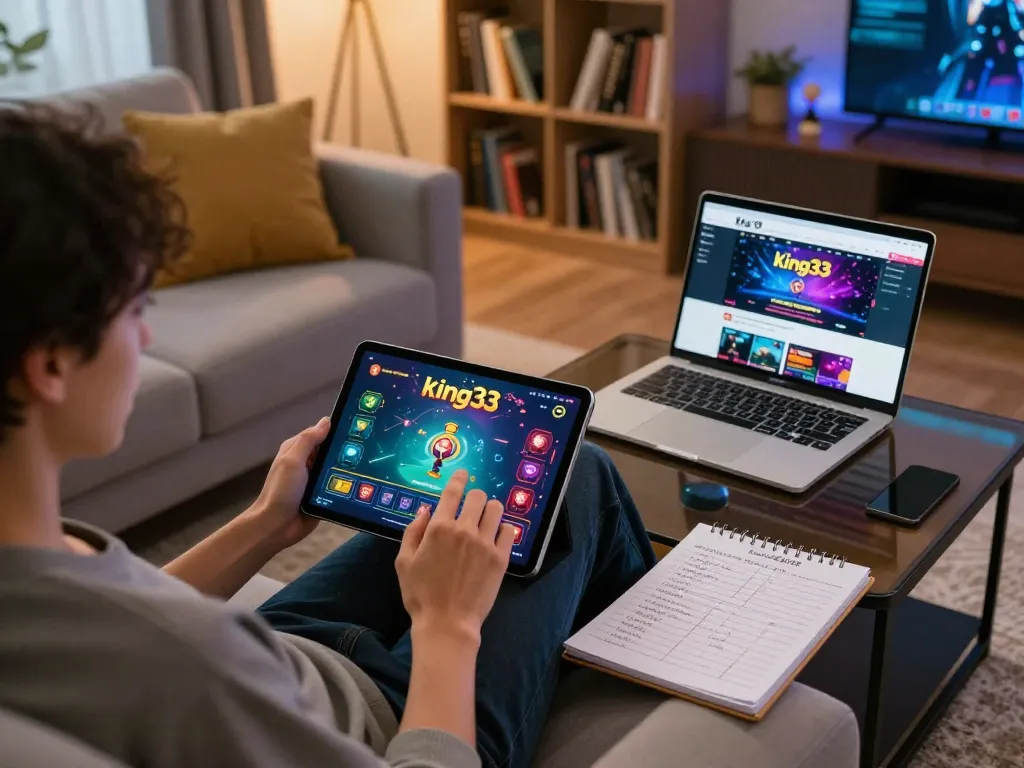 Engaged user playing king33 on a tablet in a cozy home environment, showcasing online gambling excitement.
