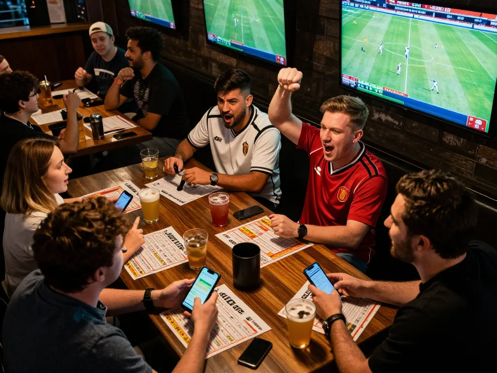 BK8 sports bettors eagerly discussing their winning strategies at a lively sports bar