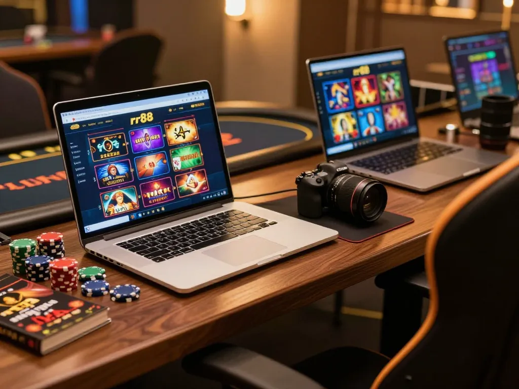 Engaged player analyzing rr88 casino strategies on laptop with colorful games displayed
