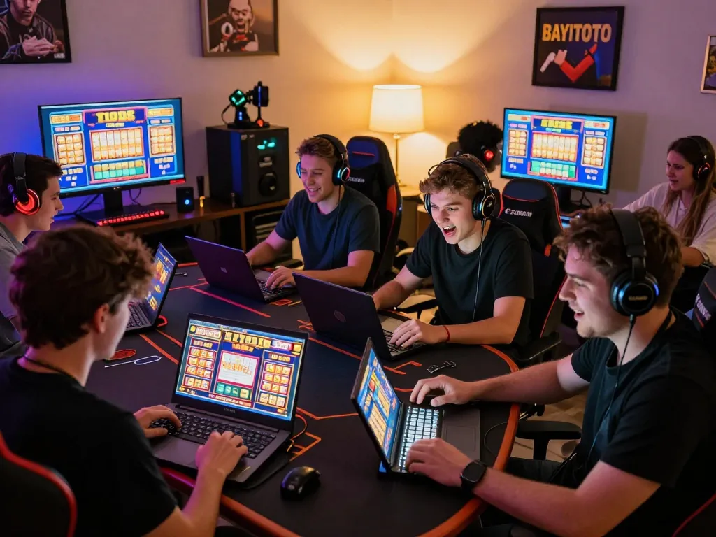 BAYITOTO gaming scene with players enjoying slot games and toto togel online in a vibrant home setting.