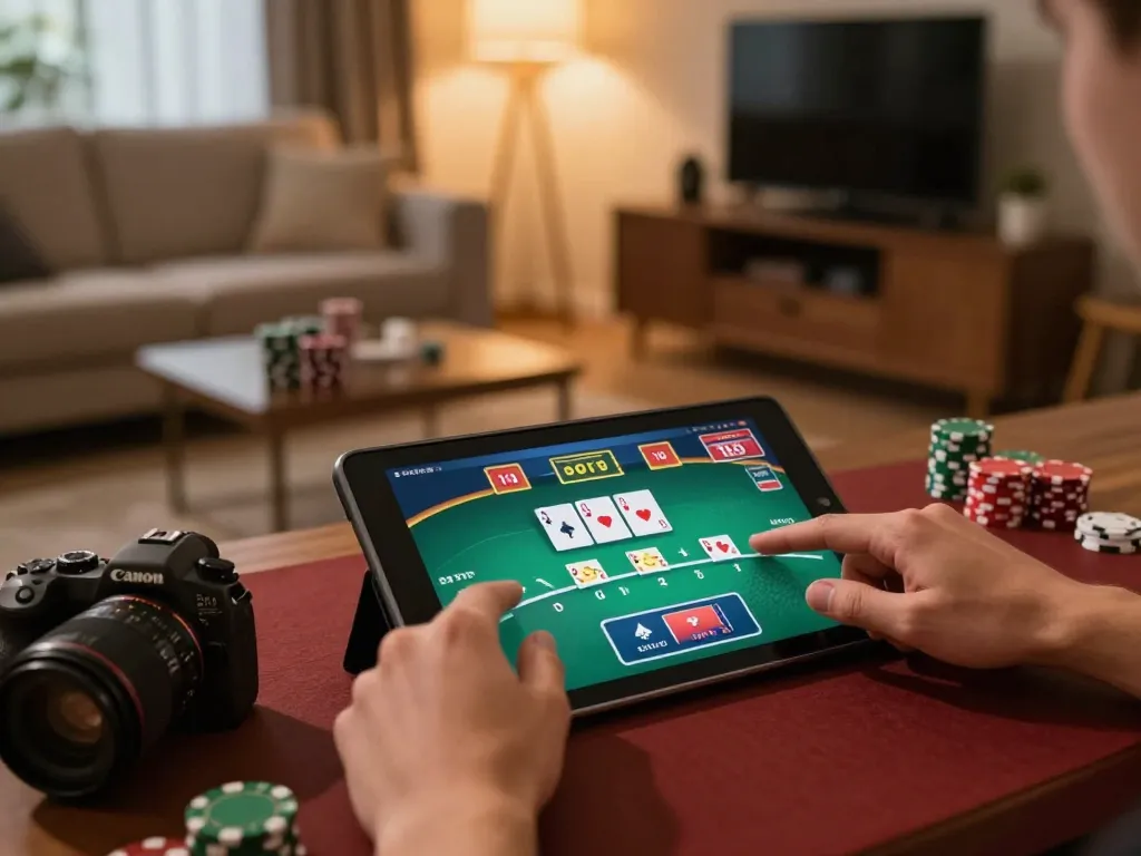 Player engaging with 32win poker game on a tablet at home, creating a strategic online gaming experience.