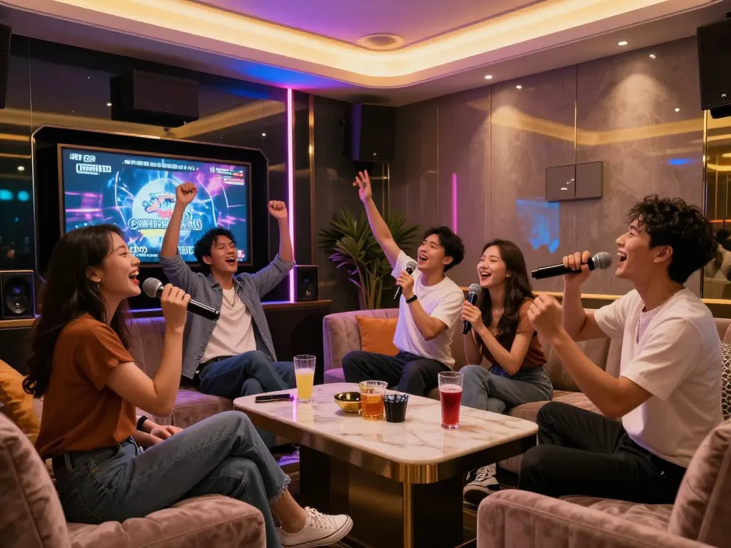 스타일리시한 장소에서 노래방을 즐기는 친구들 그룹, 재미있는 밤을 위해 3no.org/seo를 선보입니다.