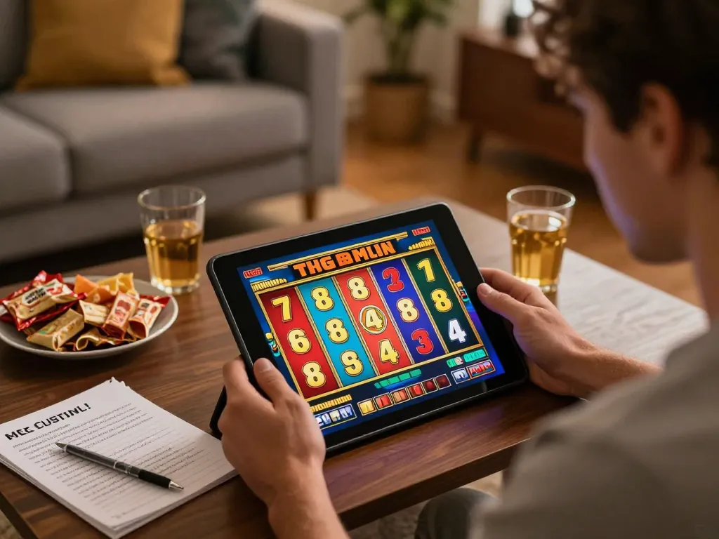 Player enjoying a thrilling slot game on a tablet, showcasing the jilipinas link excitement in online gaming.