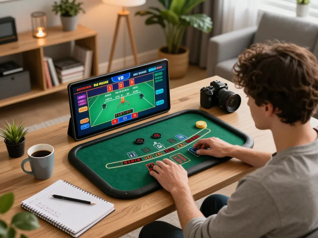 Manclub player focused on online blackjack game at home, illustrating strategic gaming action