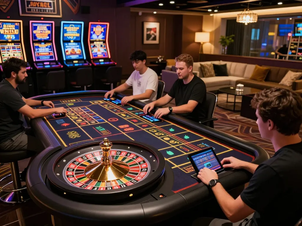Engaged players at kkwin online casino betting on a digital roulette wheel in a cozy home setting.