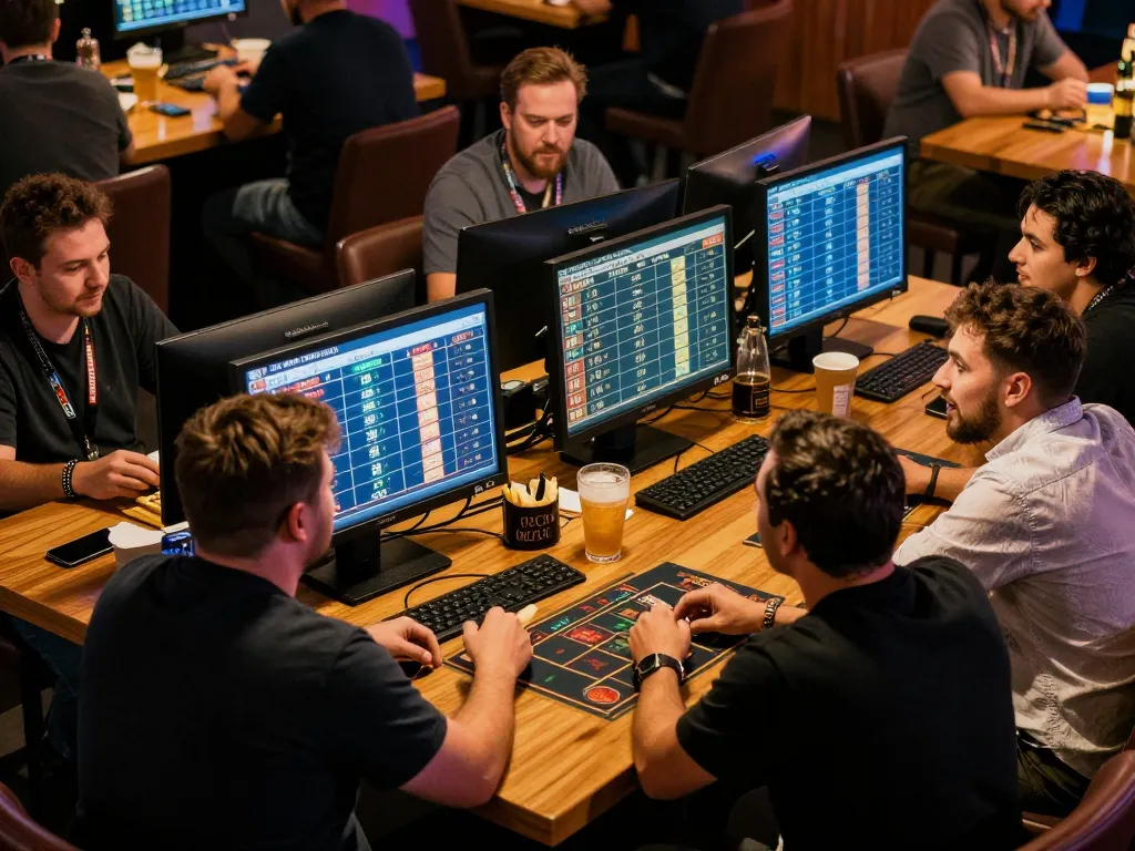 Engaged players analyzing Kèo nhà cái odds in a lively sports betting venue, capturing excitement and strategy.