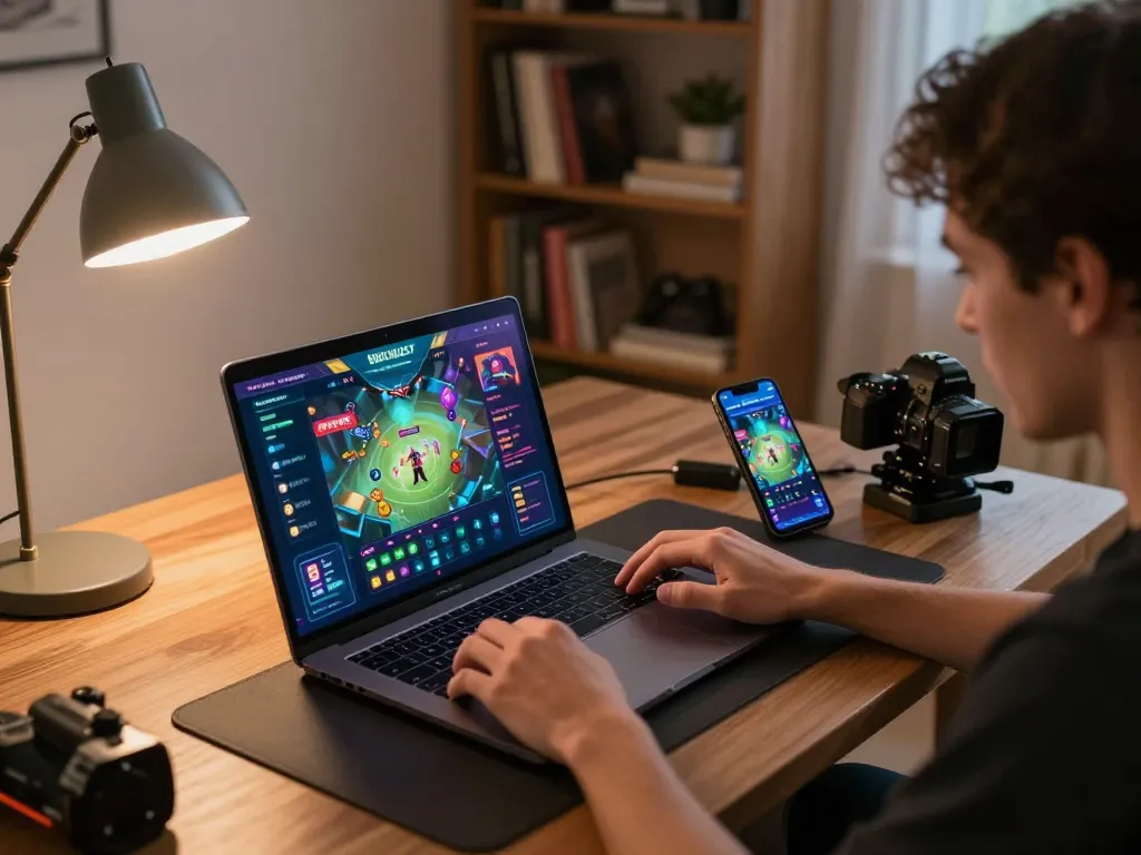 Engaged user playing 92slot on a laptop and smartphone in a cozy home setting.
