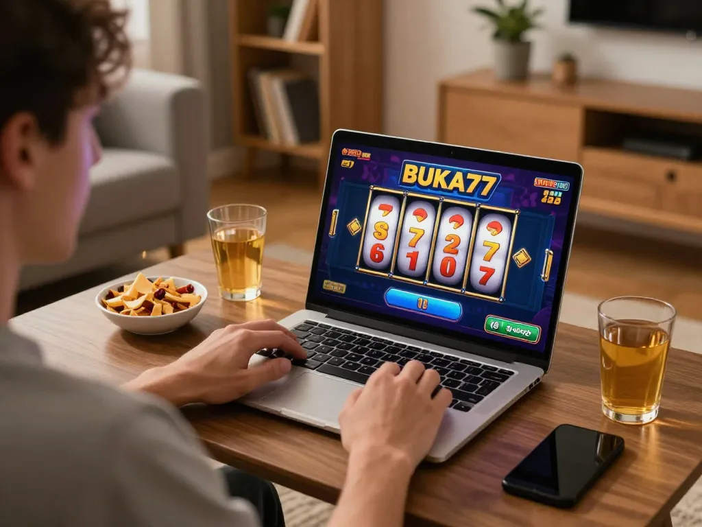 Player enjoying BUKA77 slot game on laptop, surrounded by snacks in cozy home setting