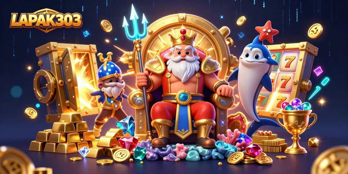 LAPAK303 brings fortune with cartoon Neptune and wealth amidst striking slot visuals.