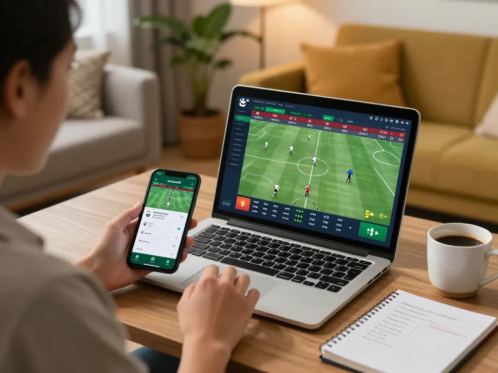 Engaging sports betting moment with winstrike69 displayed on laptop screen in a cozy home.