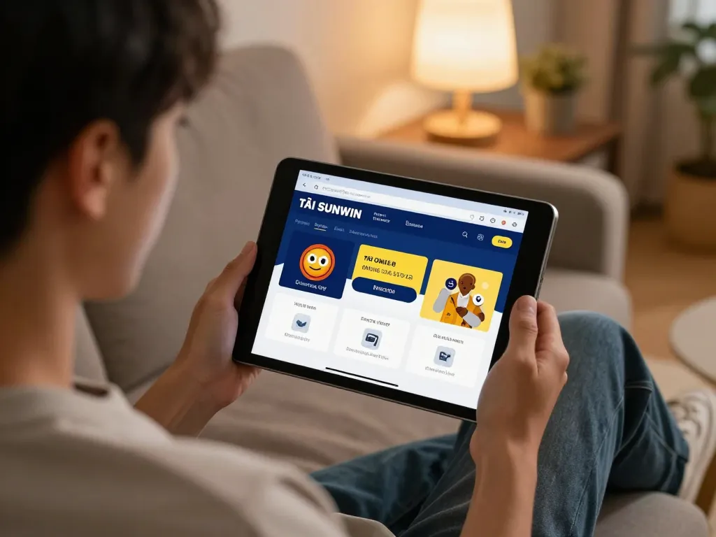 TẢI SUNWIN app on tablet, promoting responsible online gambling in a cozy home setting