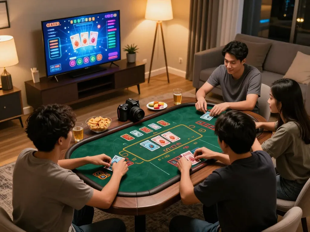 Experience safe online gaming at home with link vào MM88 an toàn showing engaged players enjoying a card game.