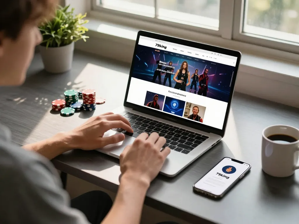 Engaging gameplay at Website 79king with a user on a laptop in an inviting home environment