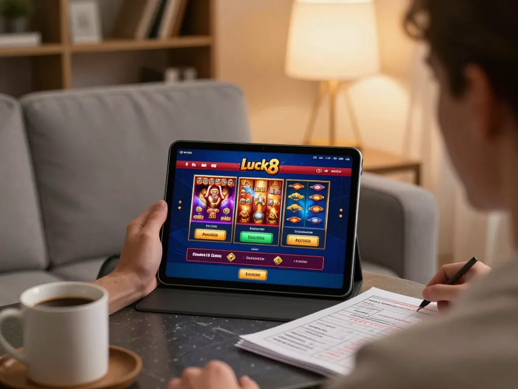 Player engaging with luck8 casino games on a tablet, cozy home setting emphasizing responsible gaming.