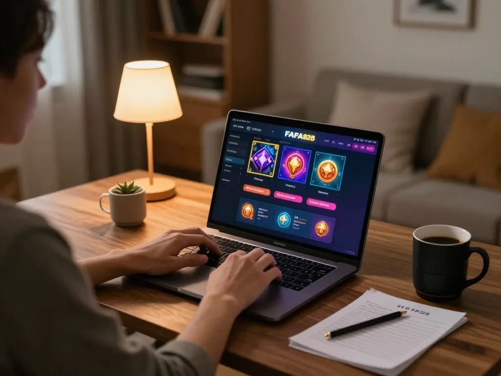 Player engaging in FAFA828 online gaming with laptop and betting notes in cozy home setting