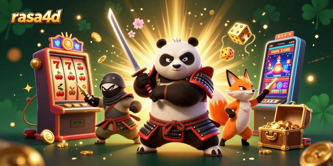 Spin and win with rasa4d's vibrant 3D illustration showcasing samurai panda and golden jackpots.
