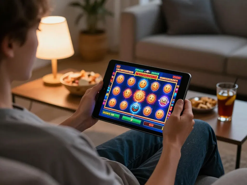 Engaging in slot online gameplay on a tablet in a cozy home setting with warm lighting