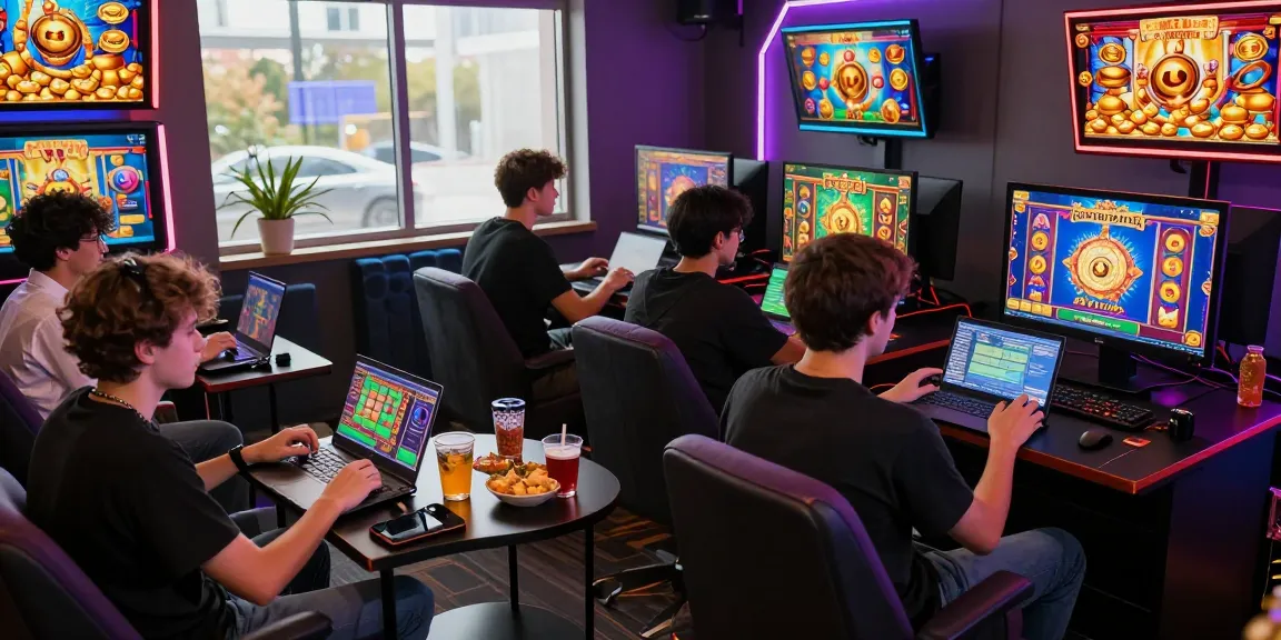Exciting slot gaming scene with players enjoying popular slot titles in a vibrant atmosphere